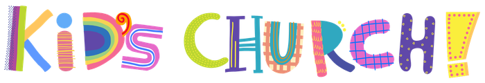 The word kids church is written in colorful letters on a white background.