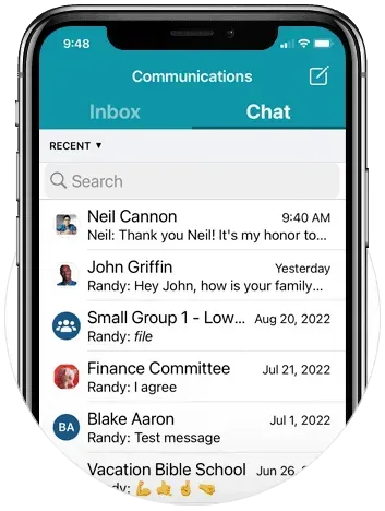 A cell phone with a communications app open on it.