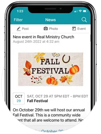 A cell phone screen shows a event in the Connect Realm app
