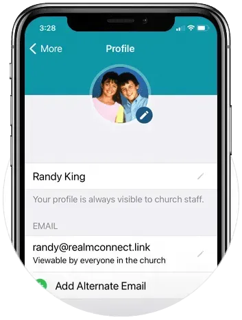 A cell phone screen shows a profile screen in the Connect Realm app.