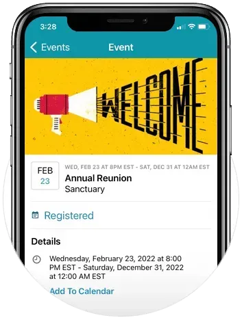 A cell phone screen shows a welcome message in the Connect Realm app