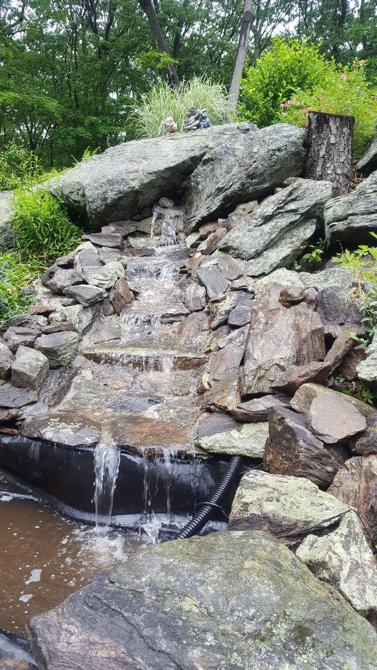 A small waterfall is surrounded by rocks and trees in a garden.