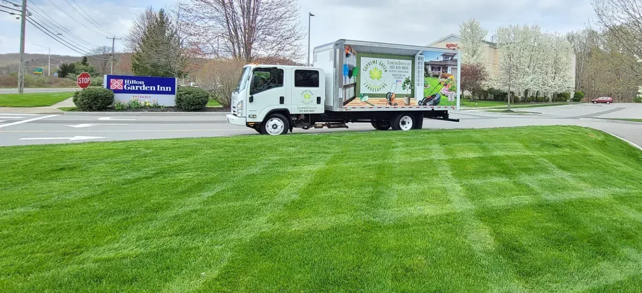 A white truck is driving through a lush green field.
