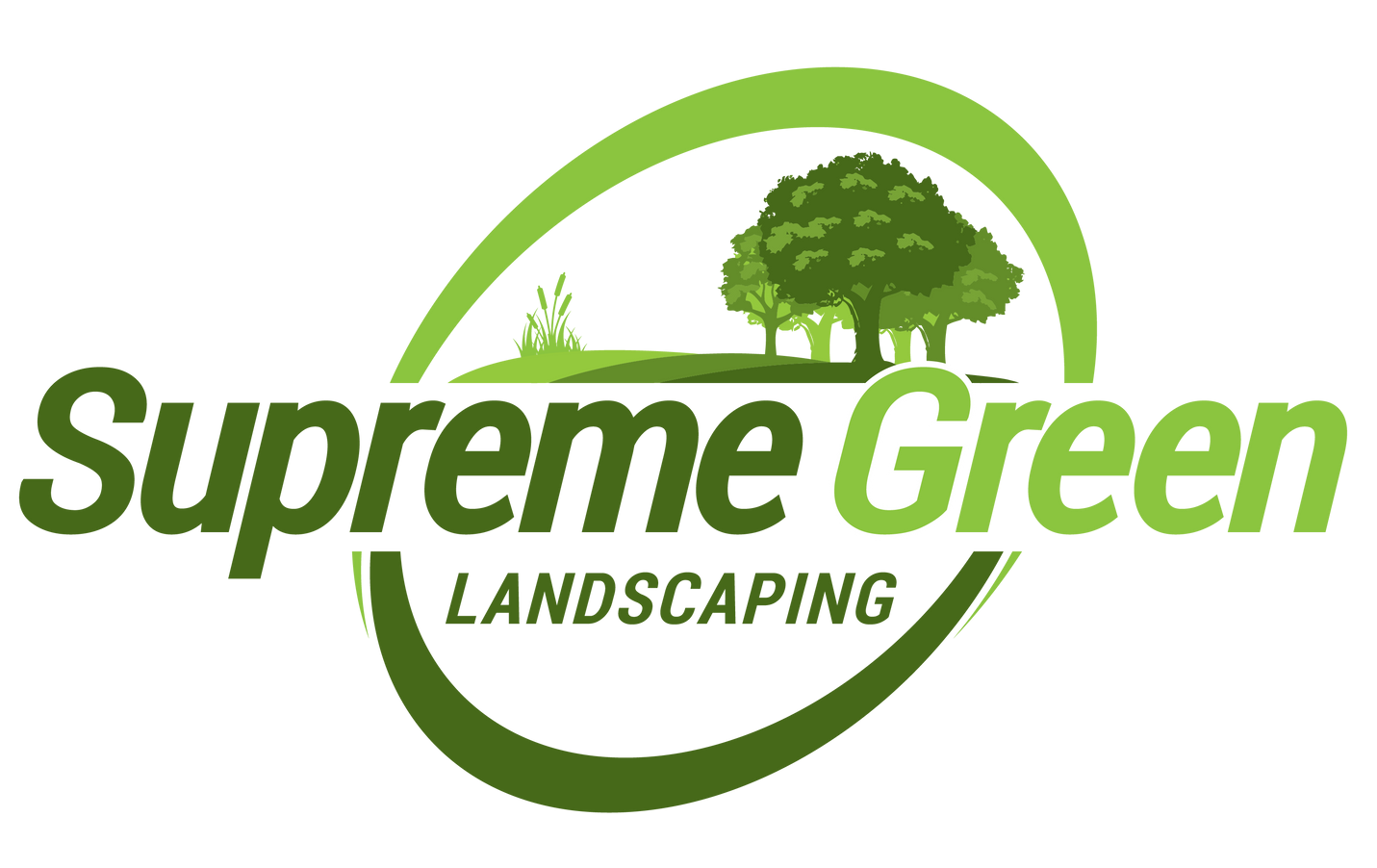 A logo for Supreme Green Landscaping with a maple leaf