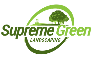 A logo for Supreme Green Landscaping with a maple leaf