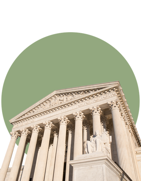 The supreme court building in washington d.c. is surrounded by a green circle.
