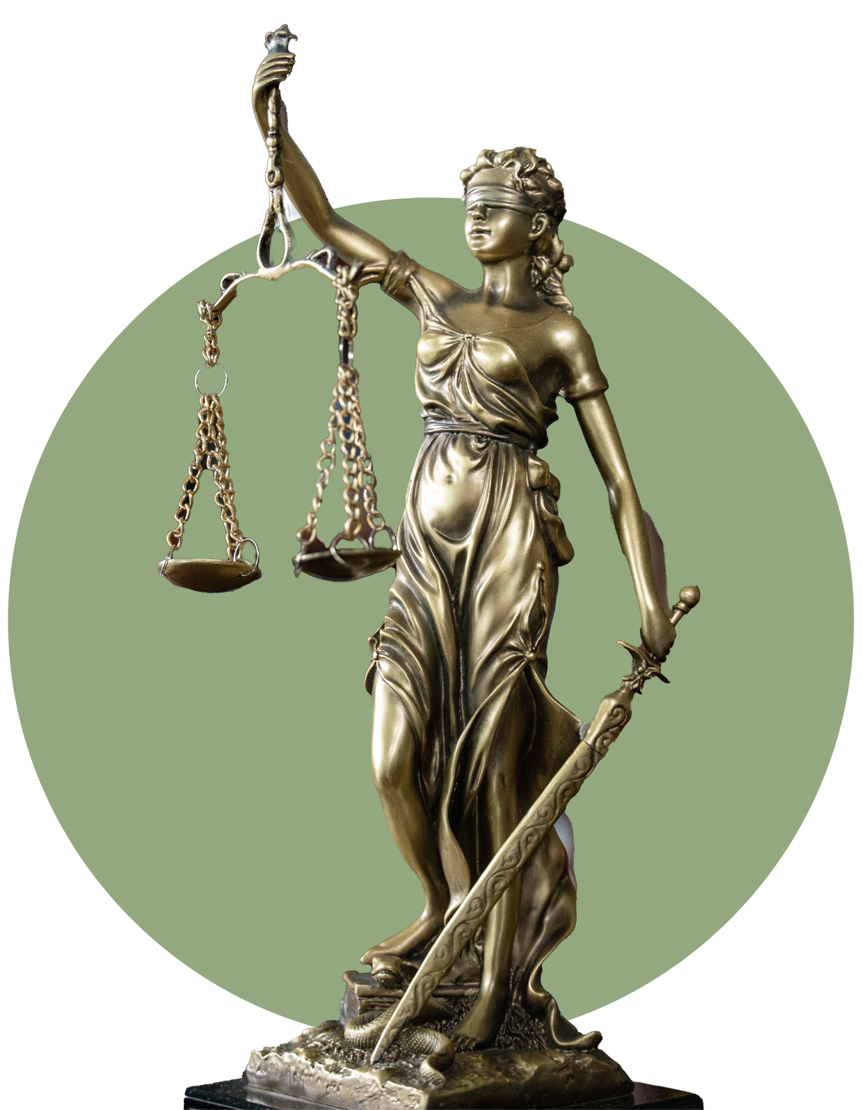 Statue of Lady Justice holding scales and sword, set against a green circle.