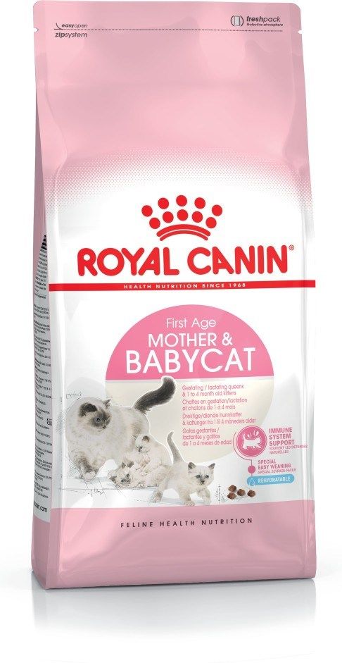 Bolsa rosa de alimento seco para gatos Royal Canin Mother & Babycat, con imagen de gata madre y gatitos.