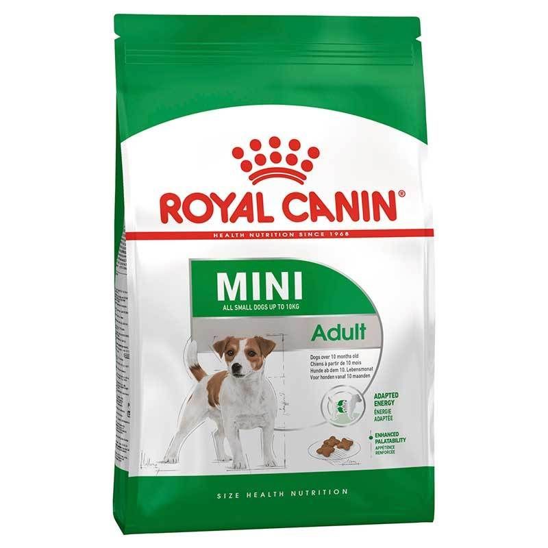 Bolsa de comida para perros Royal Canin Mini Adult con un perro pequeño y envase verde y blanco.