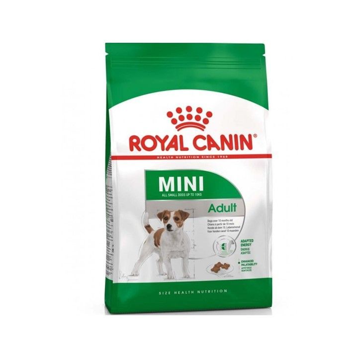 Bolsa de alimento para perros Royal Canin Mini Adult, envase verde y blanco con ilustración de un perro.