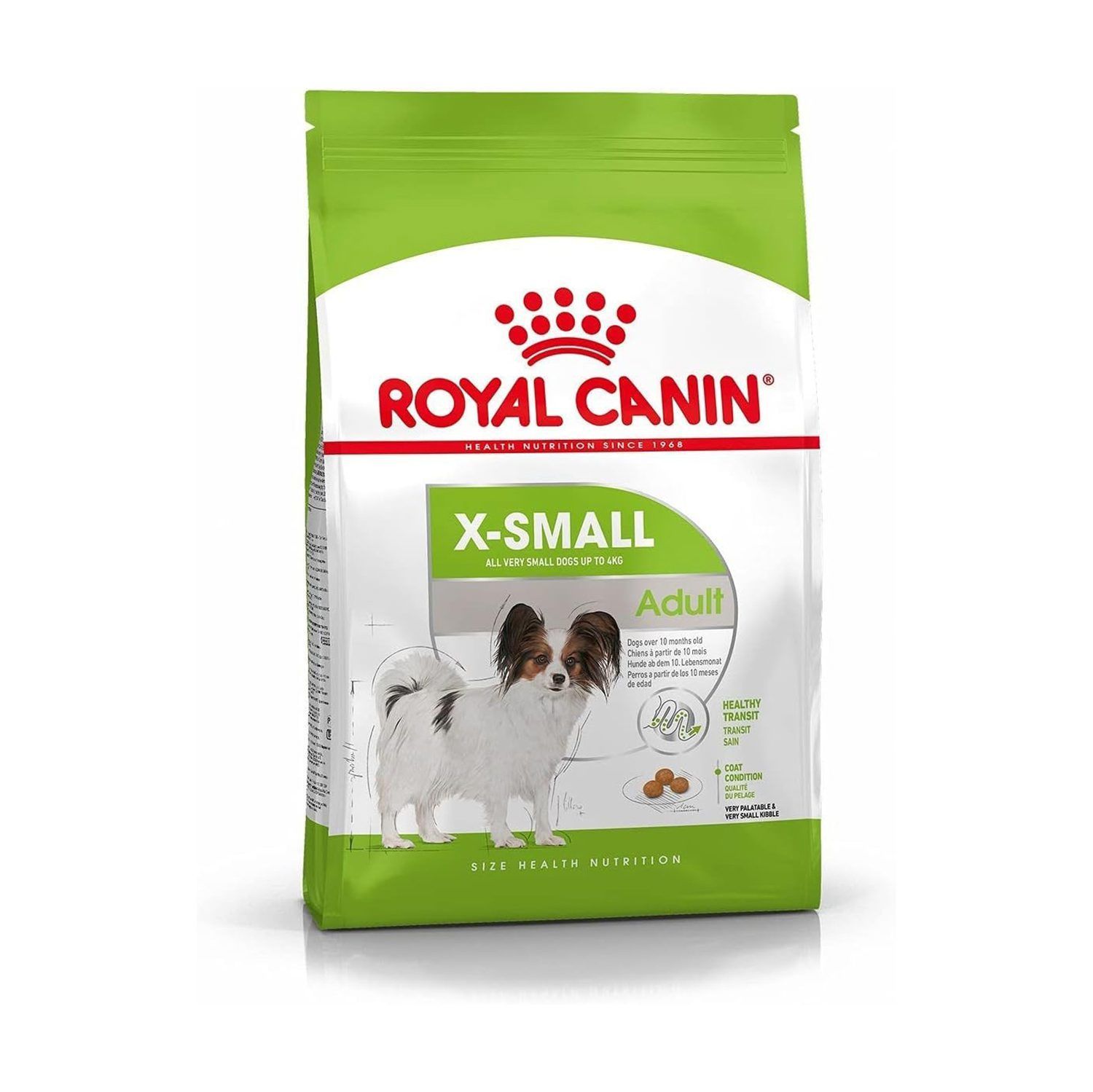 Bolsa de alimento seco para perros Royal Canin X-Small Adult. Envase verde y blanco con la imagen de un Papillon.