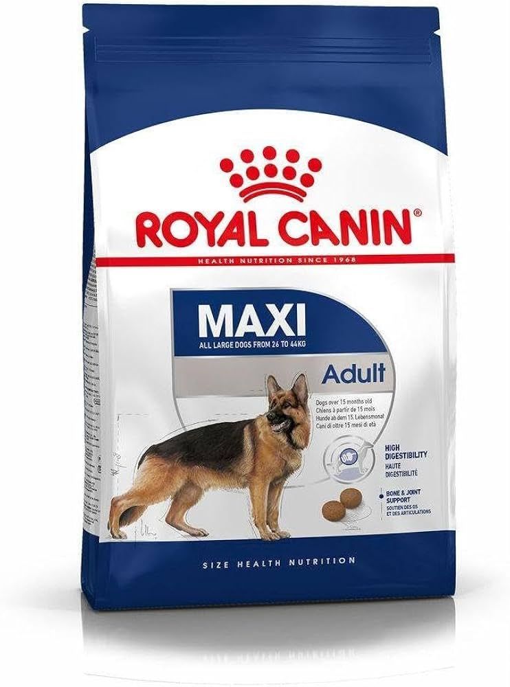 Bolsa de comida para perros Royal Canin Maxi Adult con imagen de pastor alemán y envase azul y blanco.