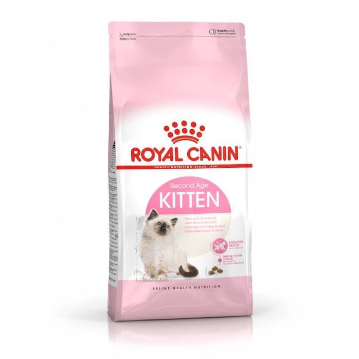 Bolsa de alimento seco para gatos Royal Canin Second Age Kitten; empaque rosa y blanco, imagen de gato y logotipo.