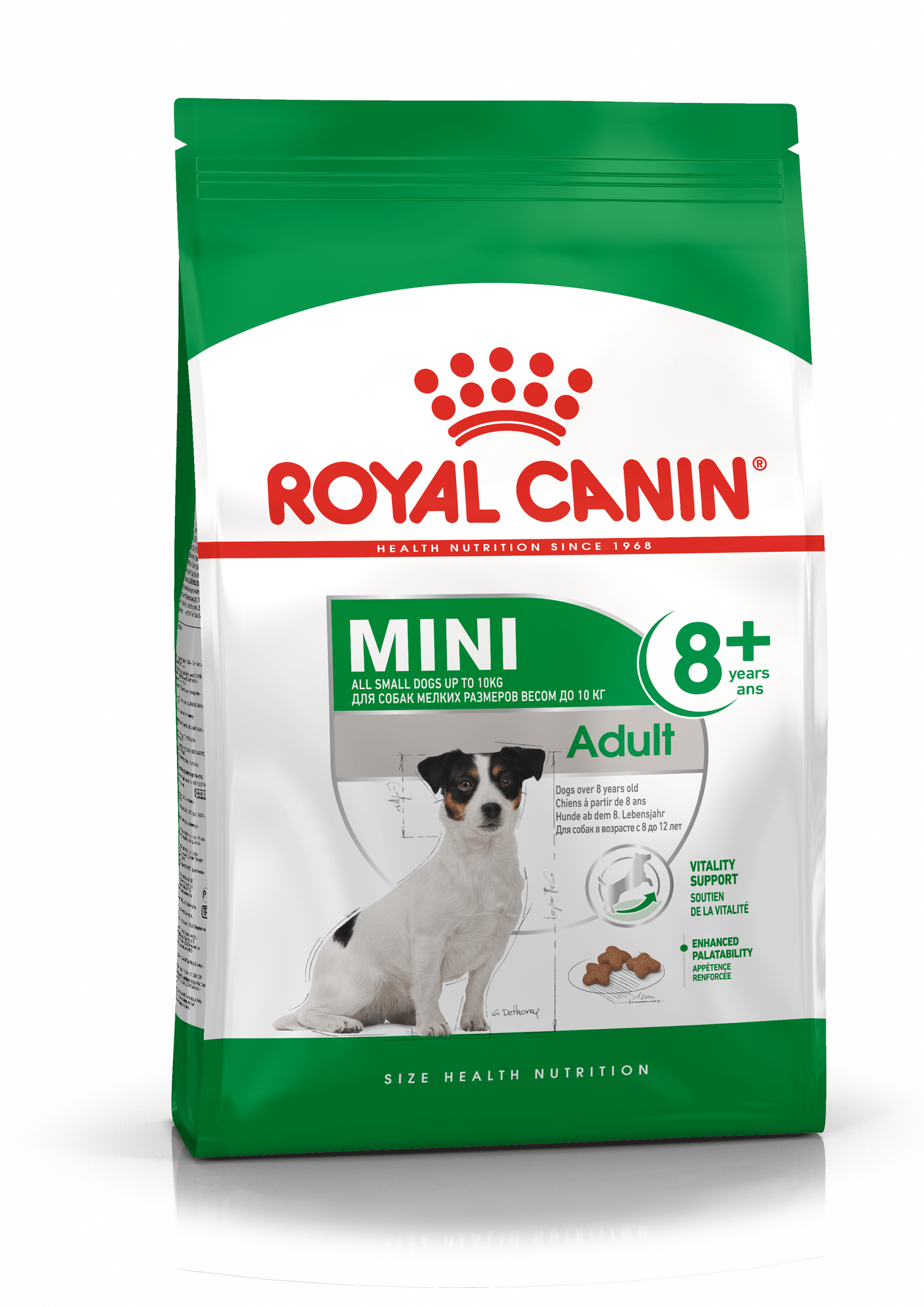 Bolsa de alimento para perros Royal Canin Mini Adult 8+, con un pequeño perro blanco y negro ilustraciones de croquetas.