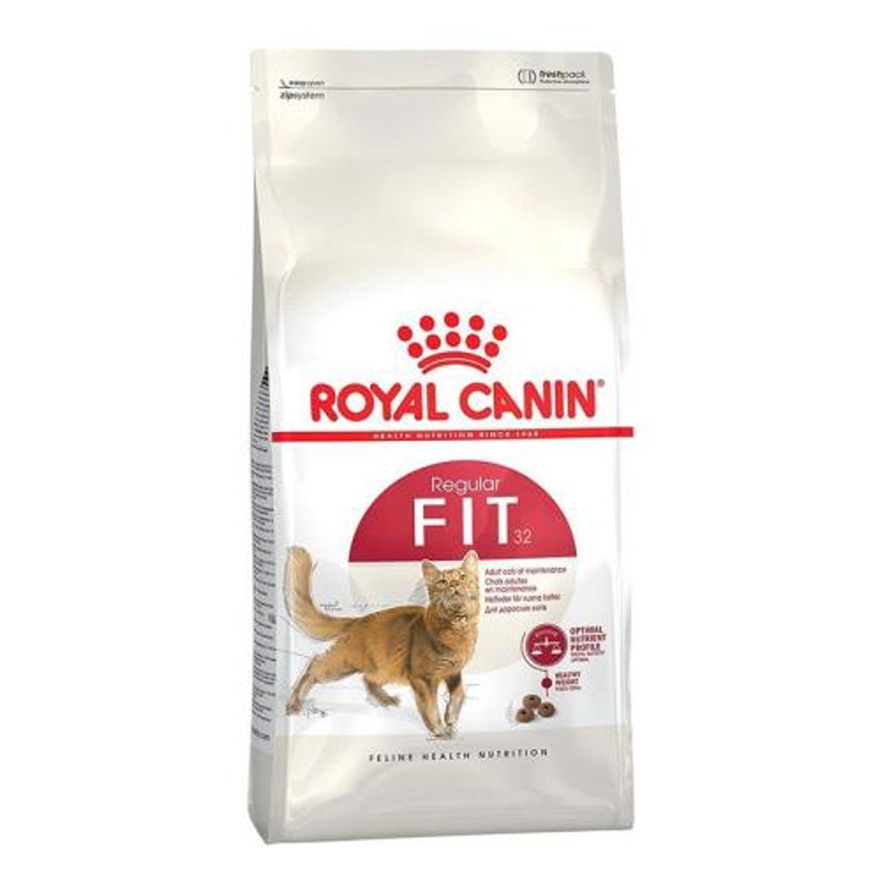 Bolsa de comida para gatos Royal Canin Regular Fit, con un gato atigrado en el envase.