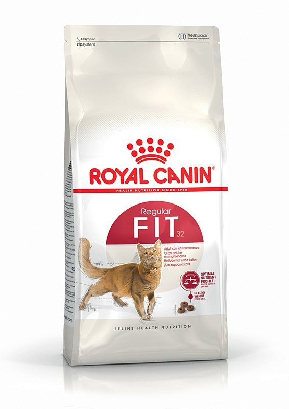 Bolsa de comida para gatos Royal Canin Regular Fit, con un gato marrón claro e ilustraciones de croquetas