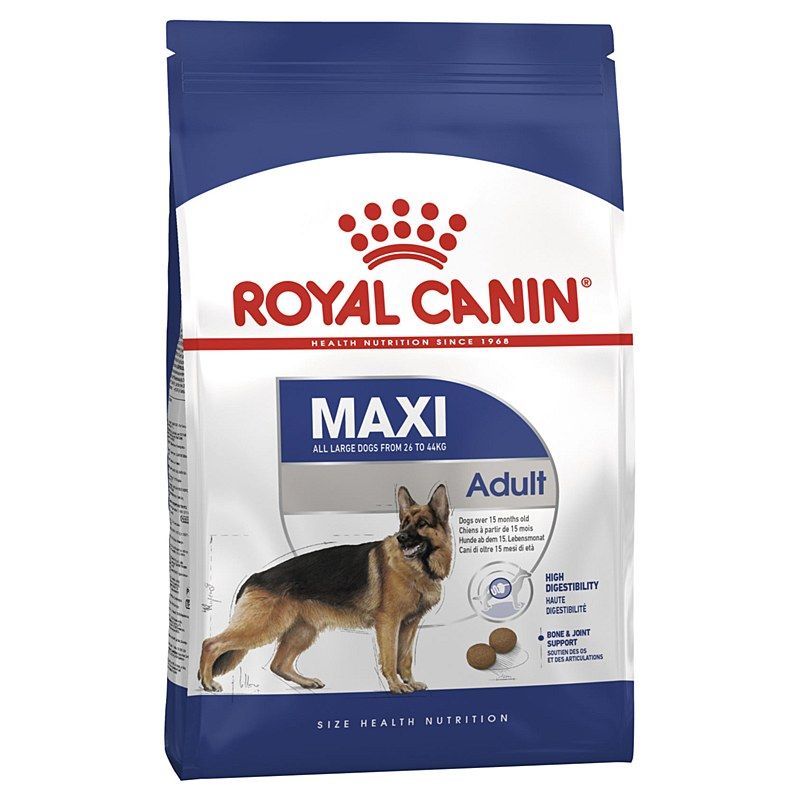 Bolsa de alimento para perros Royal Canin Maxi Adult, con ilustración de un pastor alemán y croquetas. Envase azul y blanco.