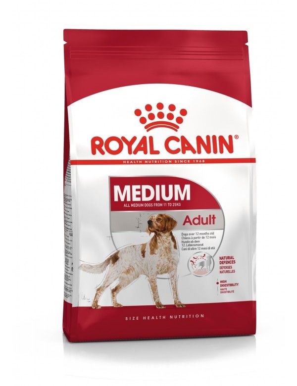 Bolsa de alimento para perros Royal Canin Medium Adult. Bolsa blanca con detalles en rojo, con ilustración de un perro