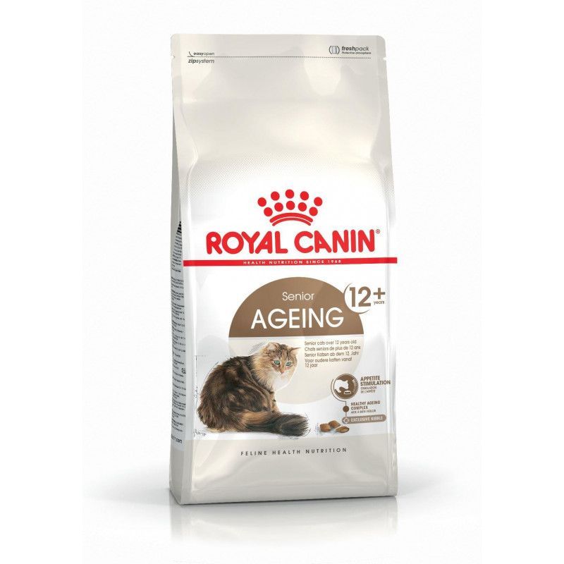 Bolsa de alimento para gatos Royal Canin Senior Ageing 12+, con un gato en la parte frontal. Envase blanco y rojo.