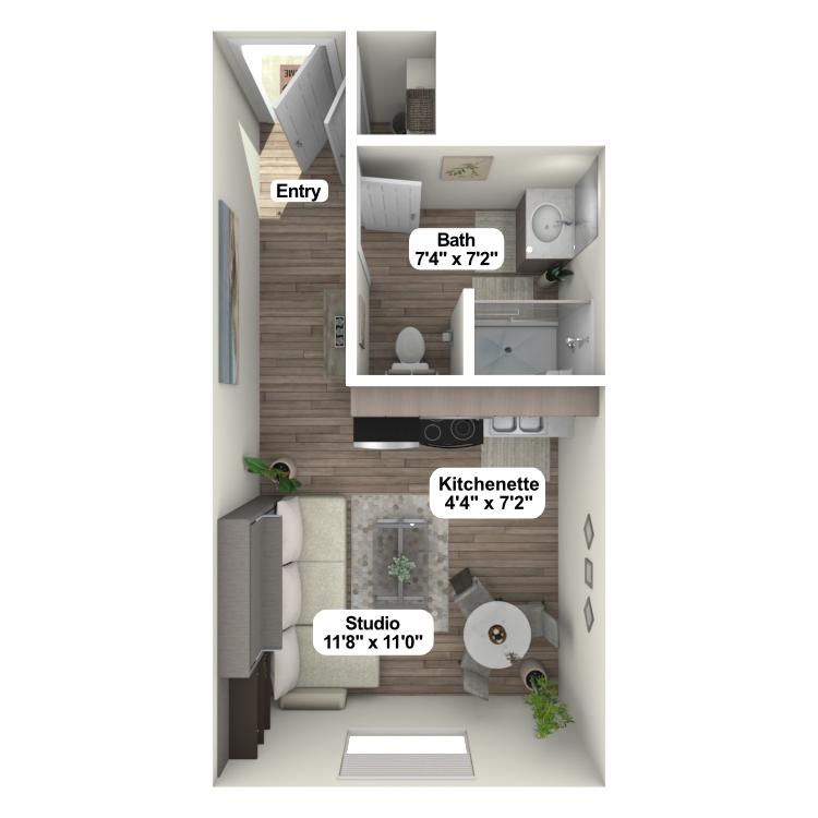 A floor plan of a small apartment with a living room , kitchen , and bathroom.