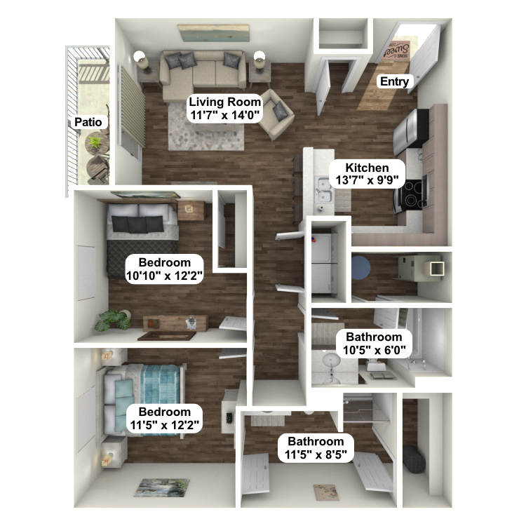 A floor plan of a house with three bedrooms and a bathroom.