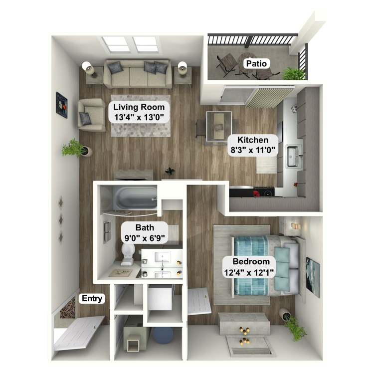 A 3d floor plan of a small apartment with a bedroom , living room , kitchen and bathroom.