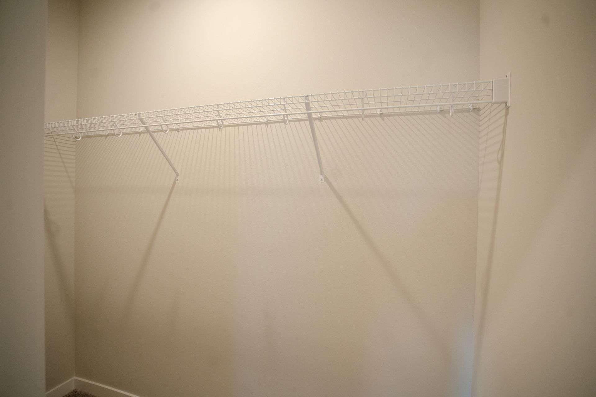 An empty walk in closet with a wire rack on the wall.