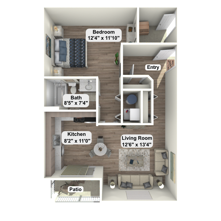 A floor plan of a house with a bedroom , kitchen , living room and patio.