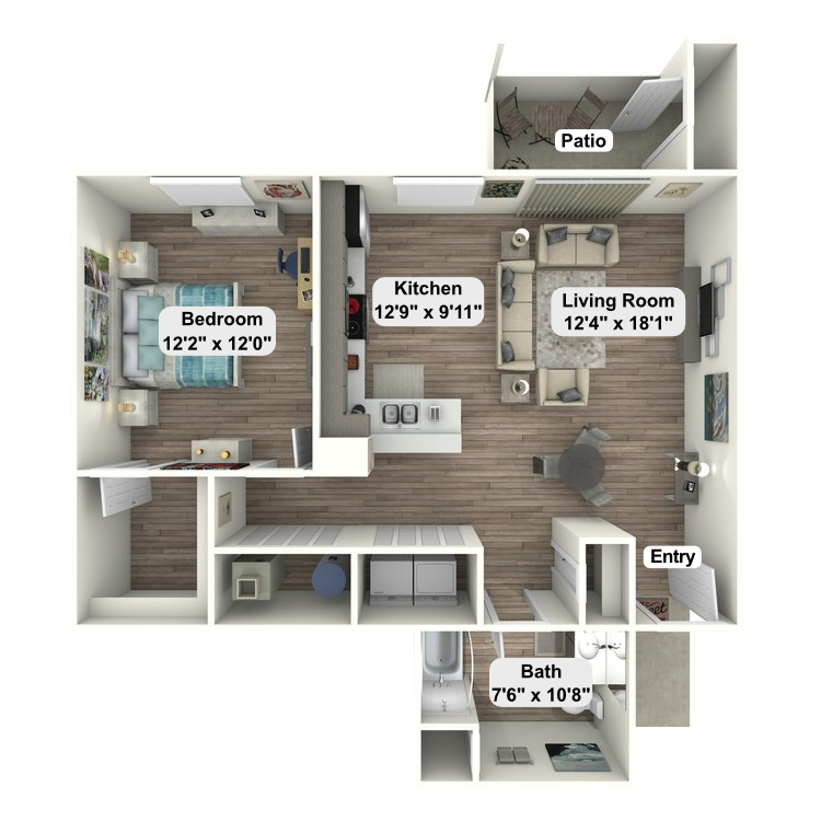 A floor plan of a bedroom , kitchen , living room and patio