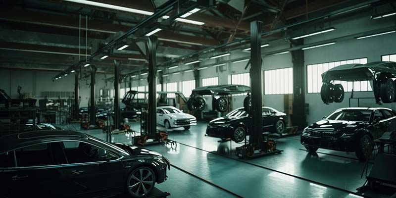 A garage filled with cars being worked on by mechanics.