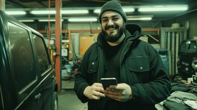 A man with a beard is using a cell phone in a garage for Vecheck
