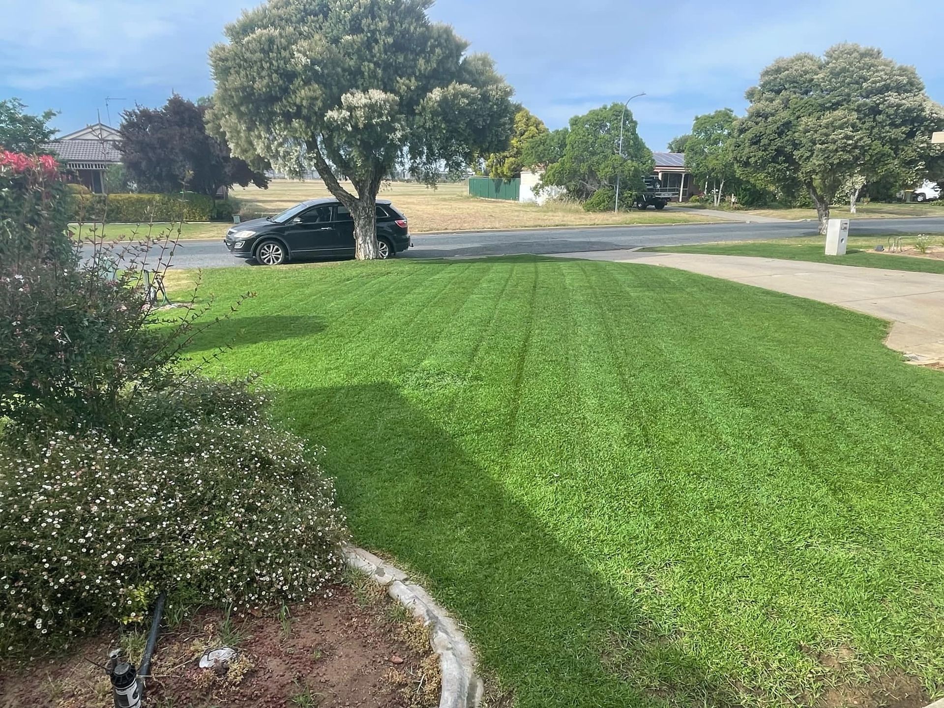 A Man is Riding a Lawn Mower on a Lush Green Lawn — Land to Mow Garden Services Wagga In Wagga Wagga, NSW