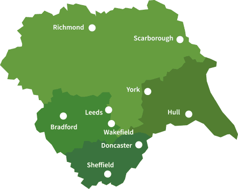 Leeds, Wakefield, Hull, Sheffield in map