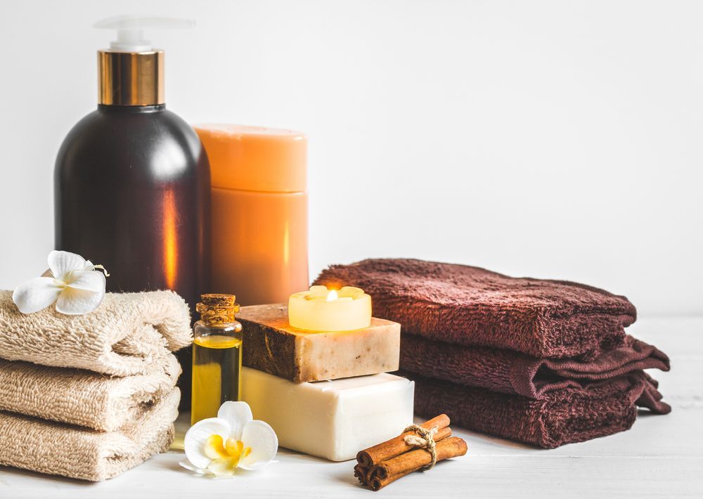Spa Items: Towels, Soaps, Lotions, Essential Oil Bottle — A1 Coffs Harbour in Coffs Harbour, NSW