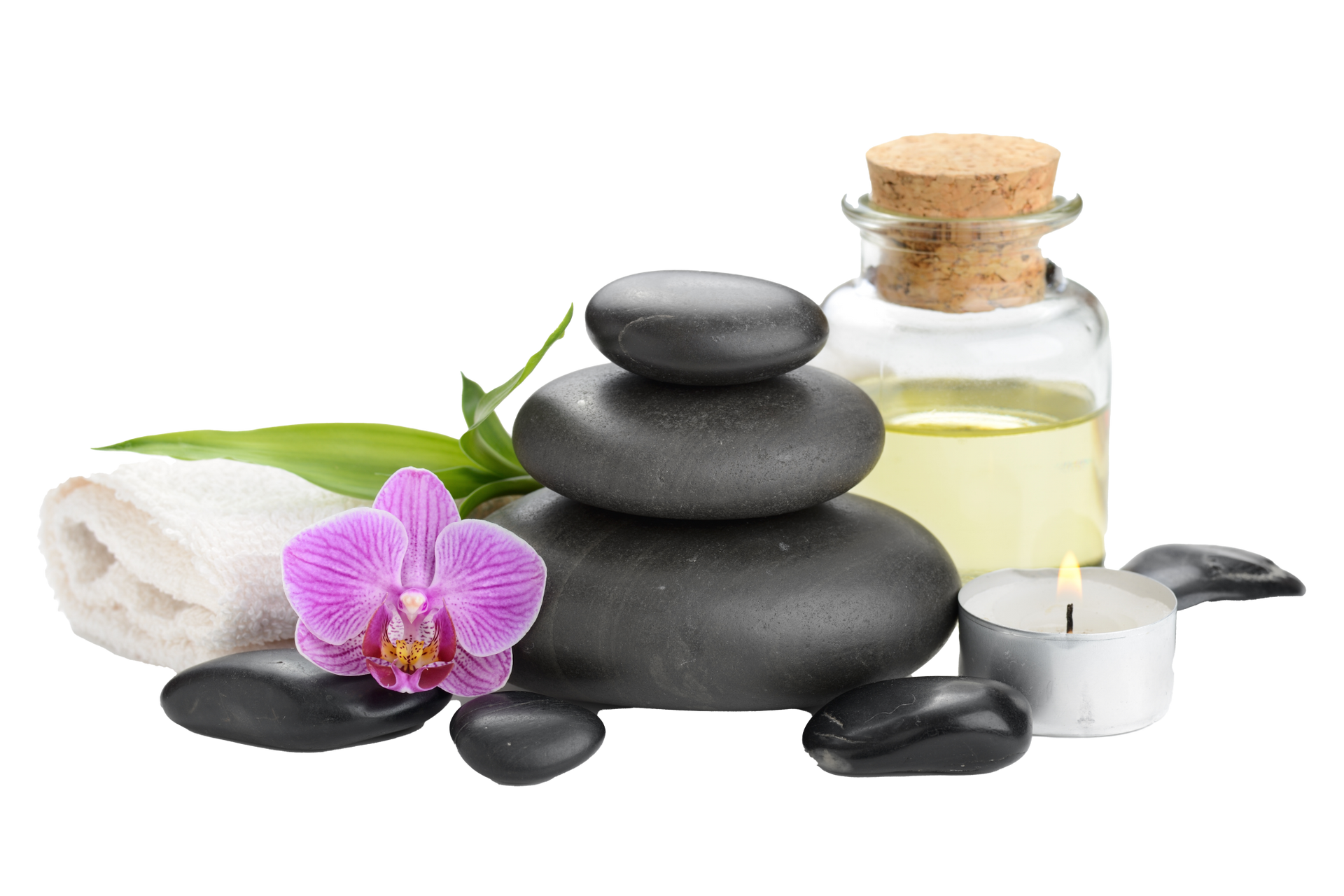 Spa Setup With Stacked Stones, Oil, Candle, Orchid, and Towel — A1 Coffs Harbour in Coffs Harbour, NSW