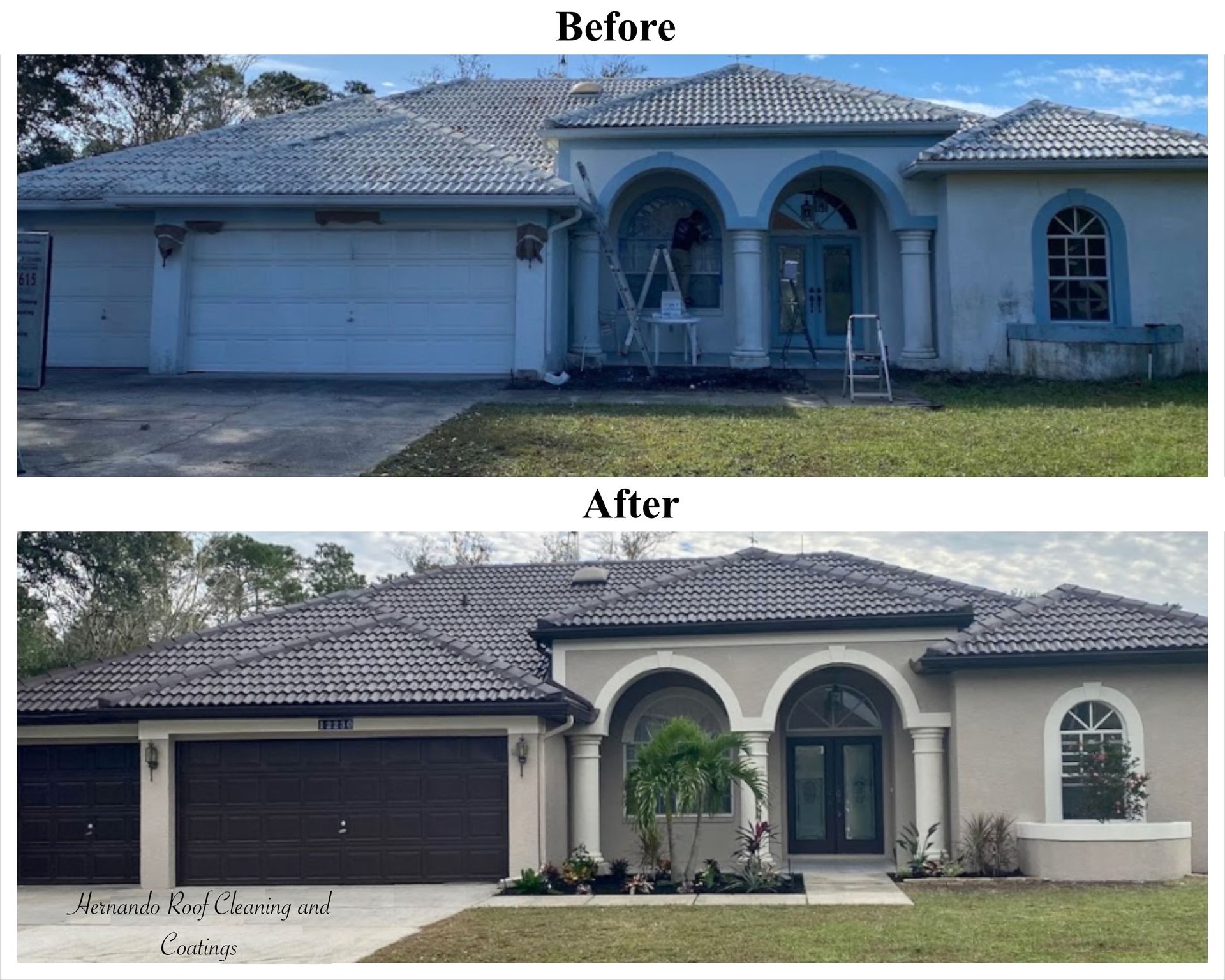Before and after of a house with a new paint job. Light blue to beige with brown accents.
