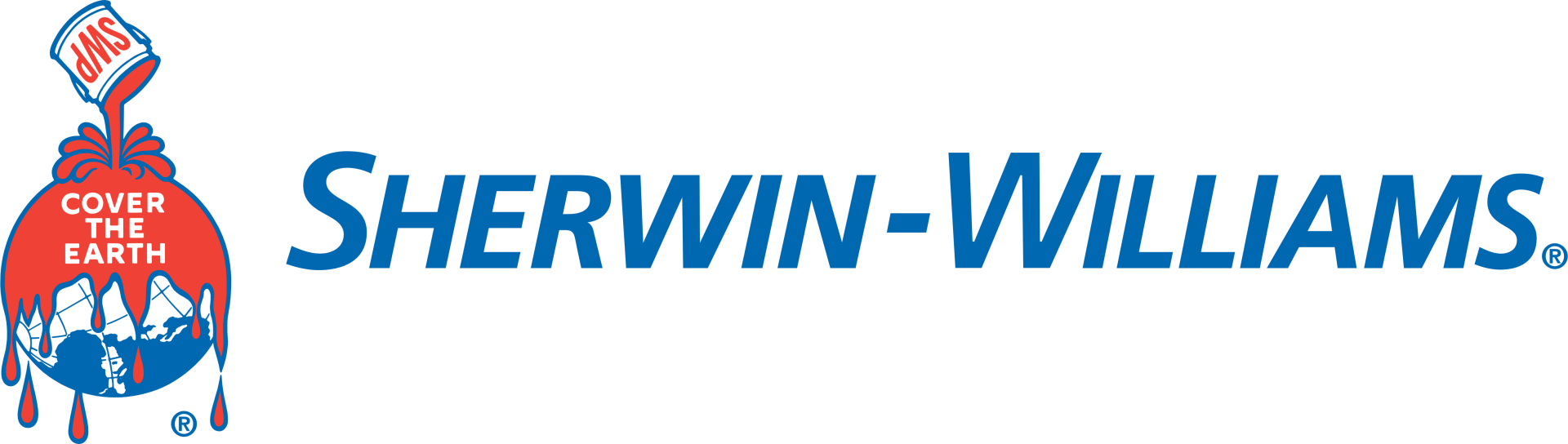 Sherwin-Williams logo: paint can pouring paint over the globe; blue text.