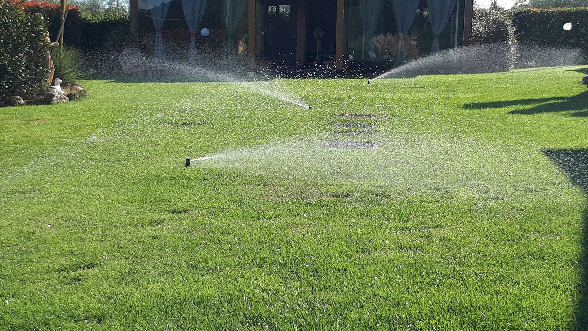Irrigatori che irrigano un prato verde di fronte a un edificio.