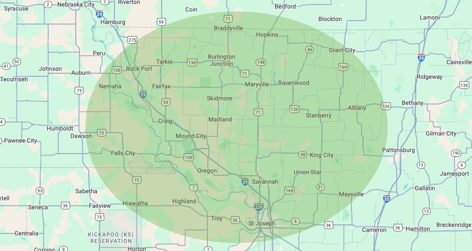 Map with a green circular overlay highlighting cities in Missouri.