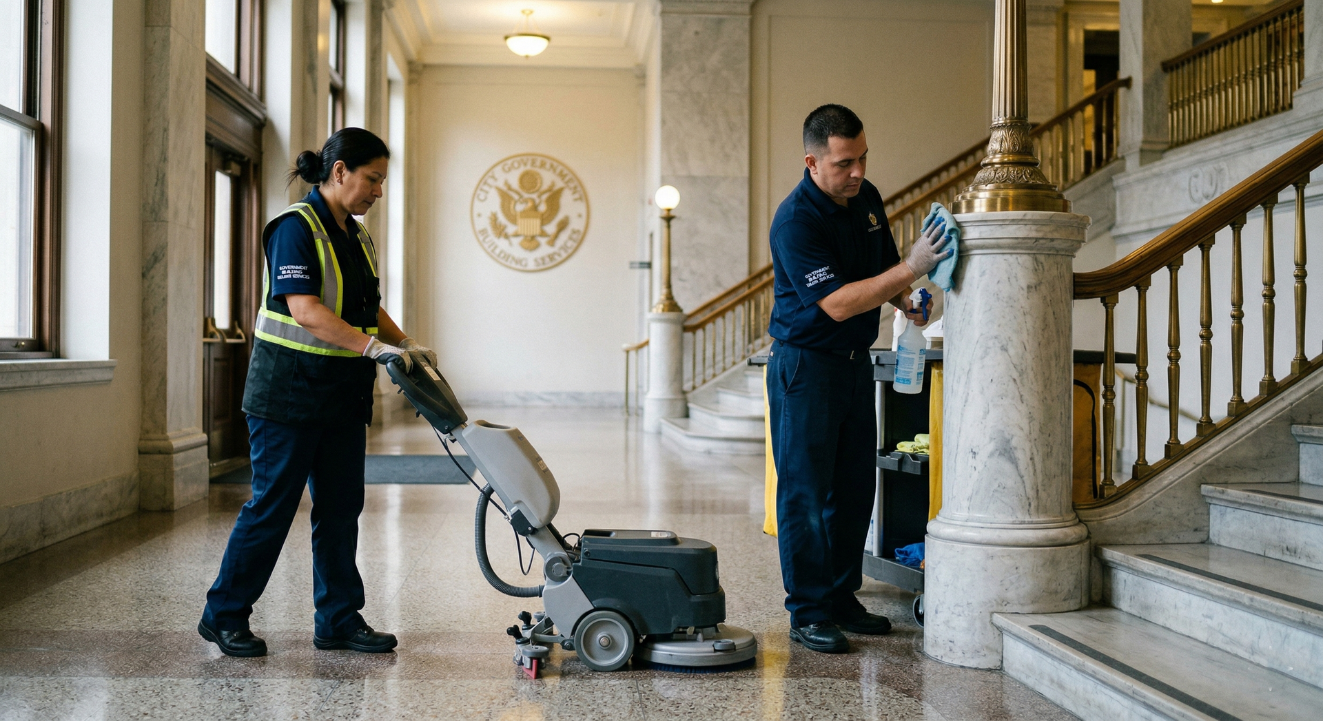 Two custodial staff members clean the floors and a pillar in a grand, marble-floored building lobby.