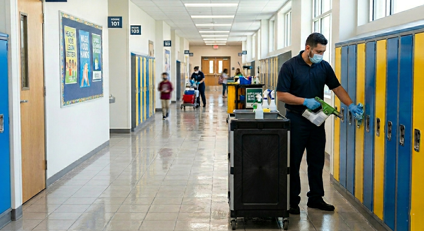 School hallway with blue lockers; custodian cleans lockers beside a janitor cart.