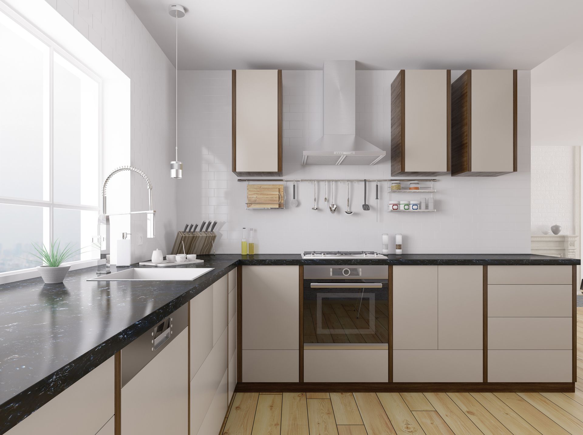Spacious kitchen showcasing designer kitchen stone benchtops and stone accent wall.