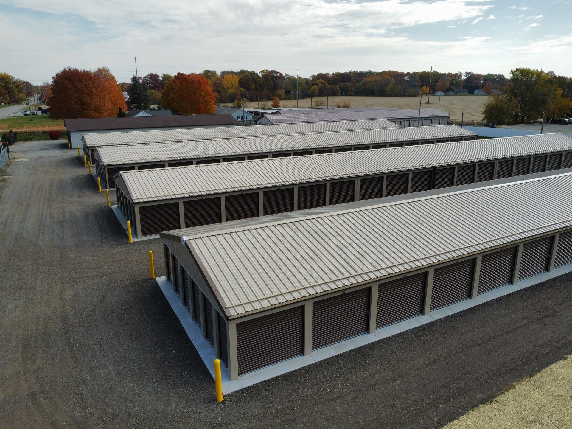 An aerial view of a row of storage units.