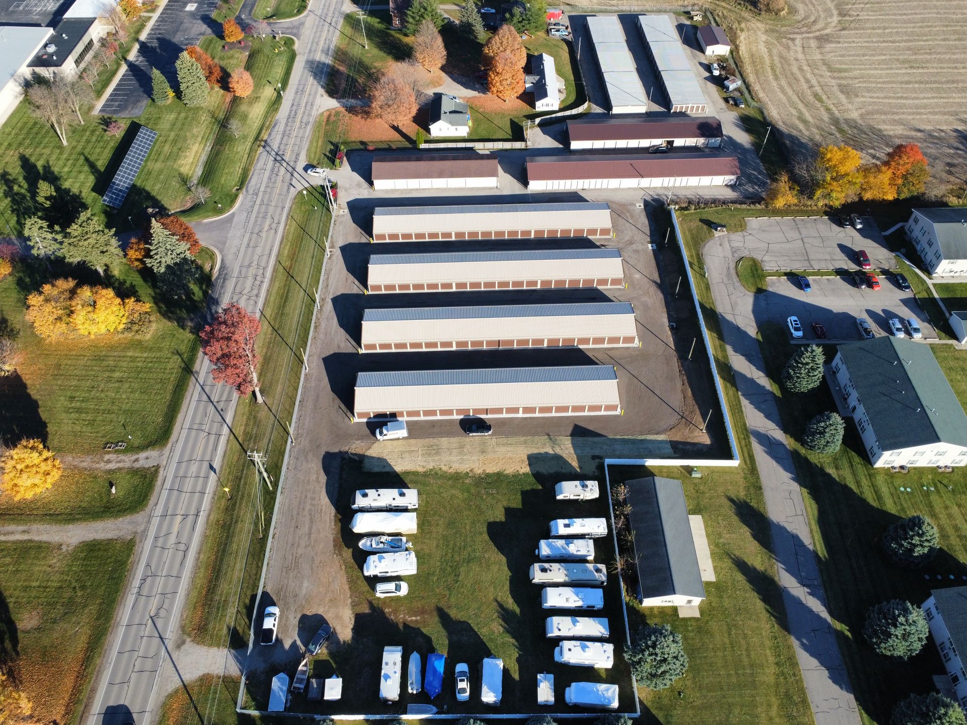 An aerial view of a storage facility in a small town