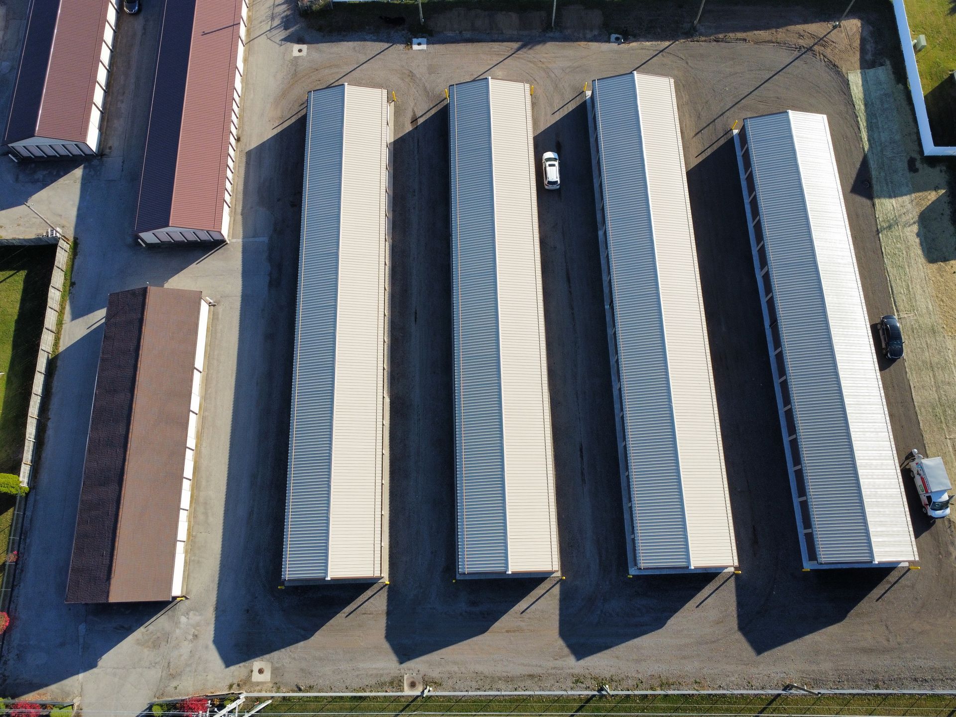 An aerial view of a row of storage units