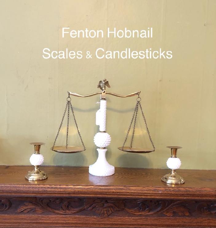 FENTON HOBNAIL WHITE MILK GLASS SCALES AND CANDLESTICKS at Victorian Rose Vintage Antiques