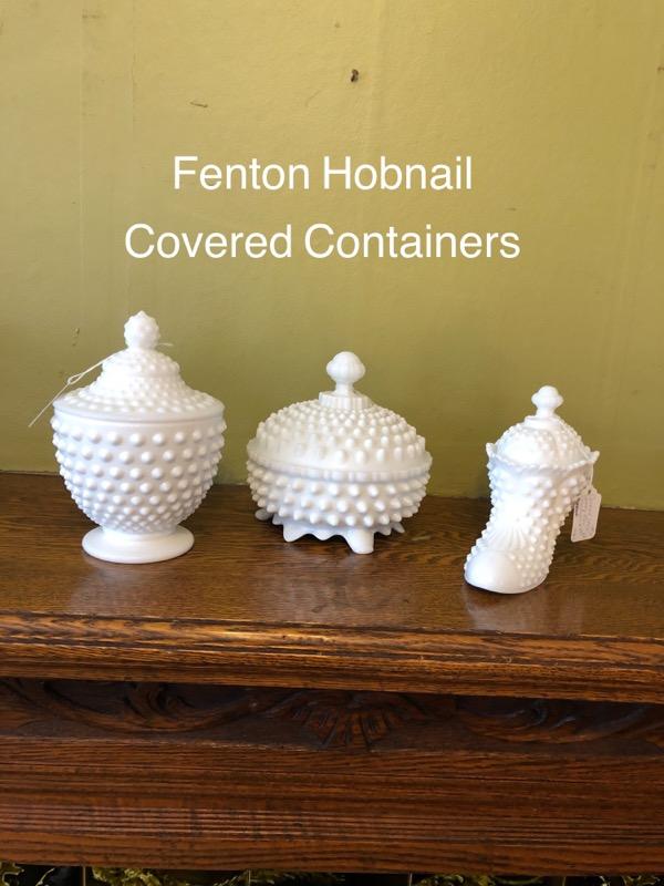 FENTON HOBNAIL WHITE MILK GLASS COVERED CONTAINERS at Victorian Rose Vintage Antiques