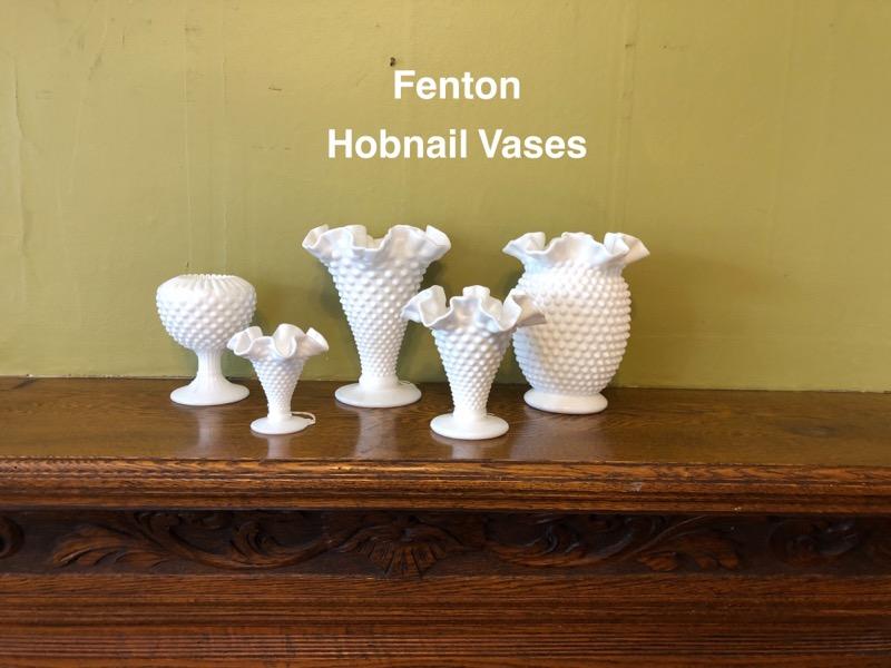 FENTON HOBNAIL WHITE MILK GLASS VASES at Victorian Rose Vintage Antiques
