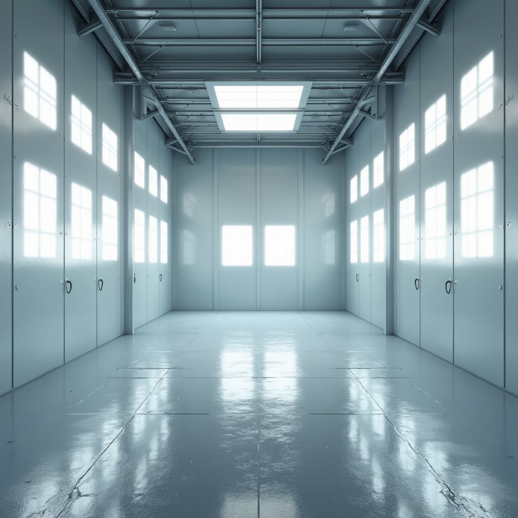 A brightly lit, sterile, industrial-looking room with windows and closed doors.