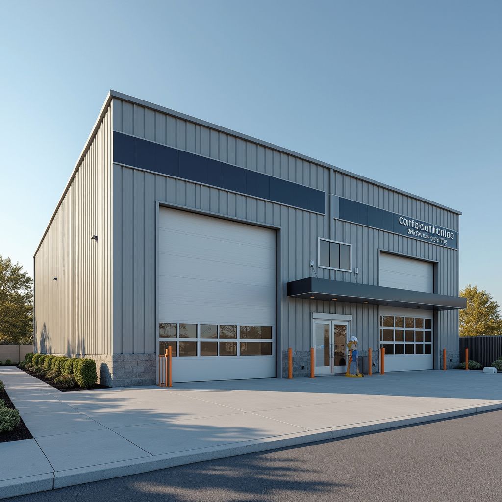 Metal industrial building with two bay doors, entrance, and paved area. Man stands by the door.